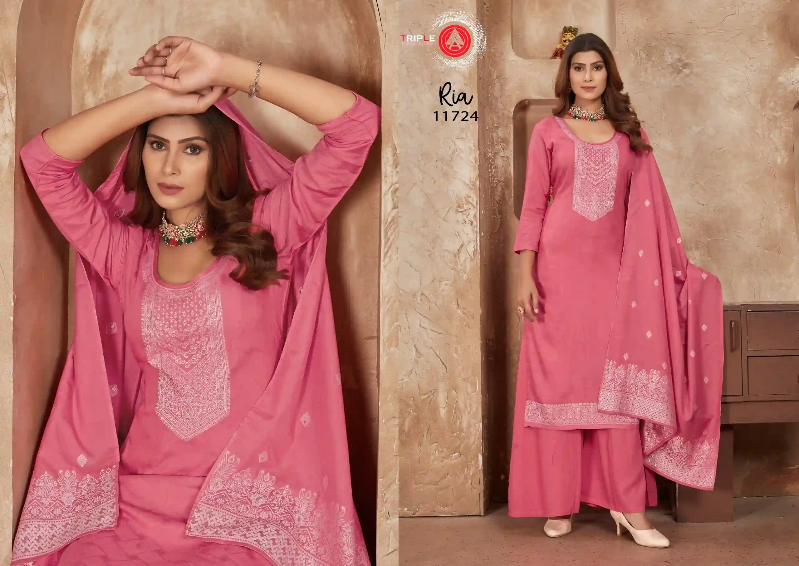 Triple Ria Pure Muslin Wholesale Salwar Suit Catalog — Wholesale Salwar Suits, MPA wholesale from Surat - Gallery Image 3
